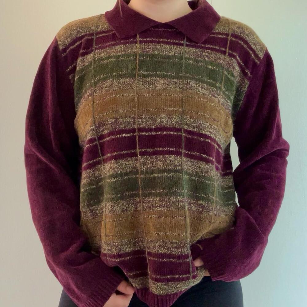 90s burgundy Green & Beige Plaid Collared Sweater – Size L